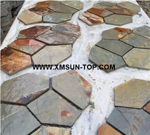 Rusty Slate Random Flagstones/Rust Slate Irregular Flagstones/Rusty Slate Net Paste/China Slate Flagstone on Net/Slate Flagstone on Mesh/Slate Flagstone Pavers/Slate Flagstone for Walling/A Grade