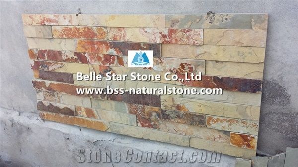 Yellow Rusty Split Face Slate Stacked Stone,Slate Thin Stone Veneer,Yellow Slate Z Stone Cladding,Natural Slate Culture Stone,Multicolor Slate Ledgestone,Slate Stone Wall Panels,Z Stone Wall Cladding