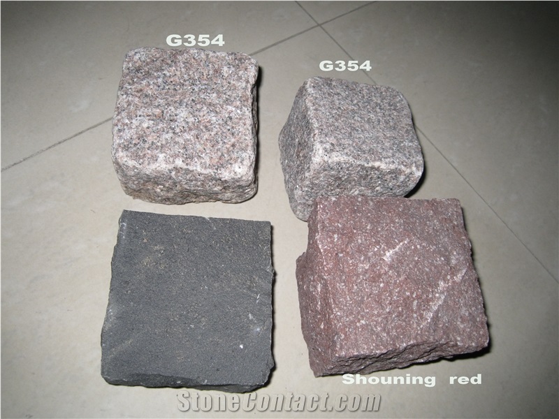 G354 Cubes, G354 Flamed Cubes, G354 Split Cubes, G354 Bushhammered Cube, G354 Cobble Stone, G354 Red Granite Cube, G354 Red Cobble Stone