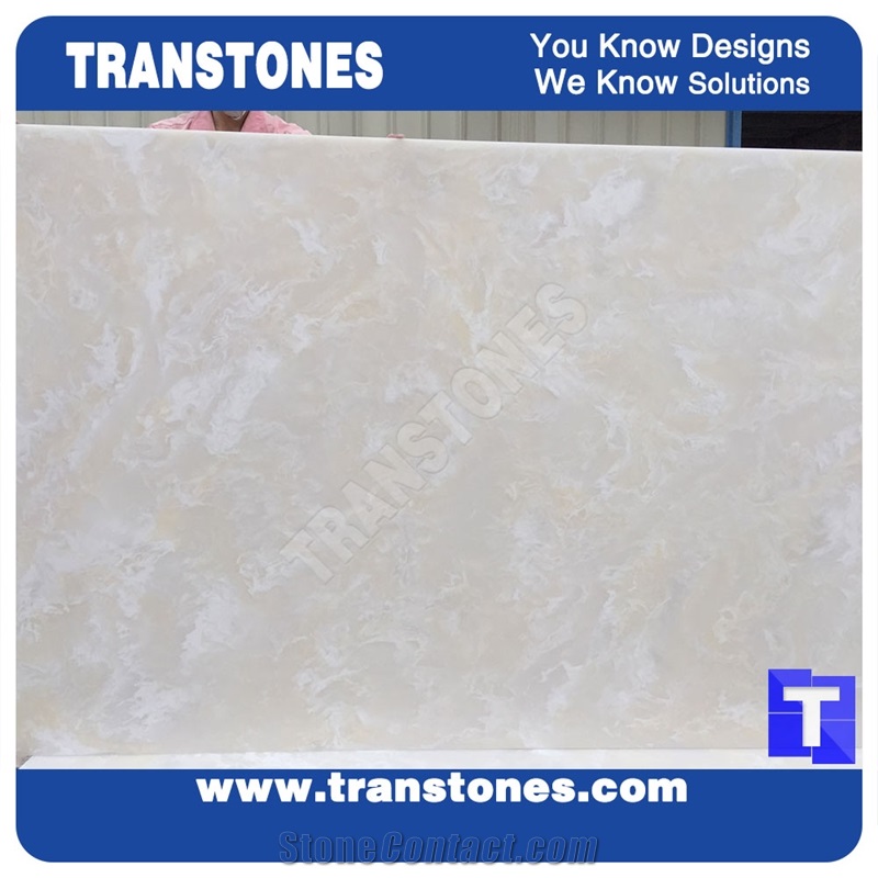 Artificial Beige Spray Marble Faux Quartz Slabs for Wall Panel Ceiling Floor Covering,Solid Surface Engineered Stone Glass Resin Stone Slab for Reception Desk,Countertops Backlit
