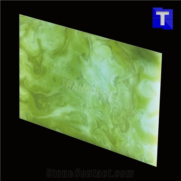 Artificial Green Crystal Onyx Wall Cladding Panel Floor Covering Tiles Solid Surface Translucent Backlit Verde Resin Glass Alabaster Stone for Bar Tops,Reception Table Desk Hotel Counter Tops