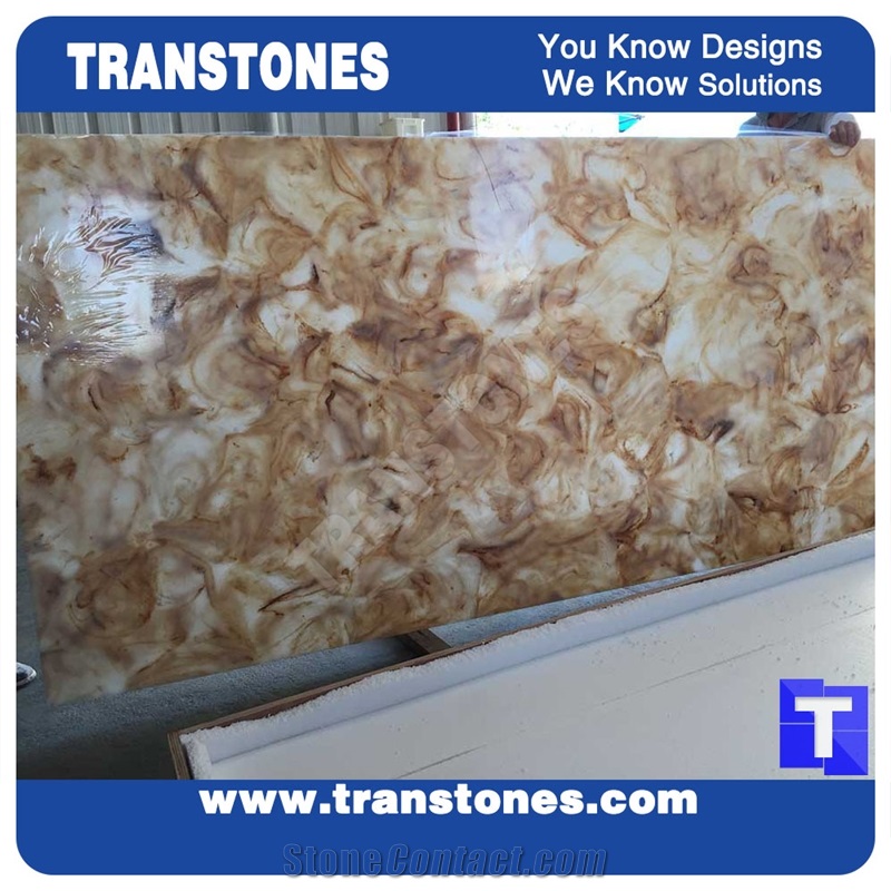 Artificial Marble Royal Beige Rose Glass Stone Slab for Wall Panel Floor Covering,Translucent Backlit Glass Stone Polished Slab for Conference Table Design Customzied Transtones