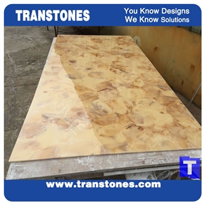 Cut to Size Yellow Golden Shell Artificial Marble Slabs Tile for Wall Panel Floor Covering Paving,Translucent Backlit Crystallized Spray Wave Marble Look Glass Resin Giallo Stone