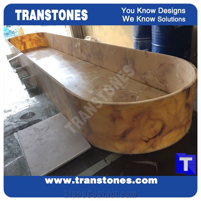 Engineered Glass Stone Solid Surface Yellow Spray Wave Faux Onyx Curved Reception Desk,Interior Tabletop Panel Furniture Stone