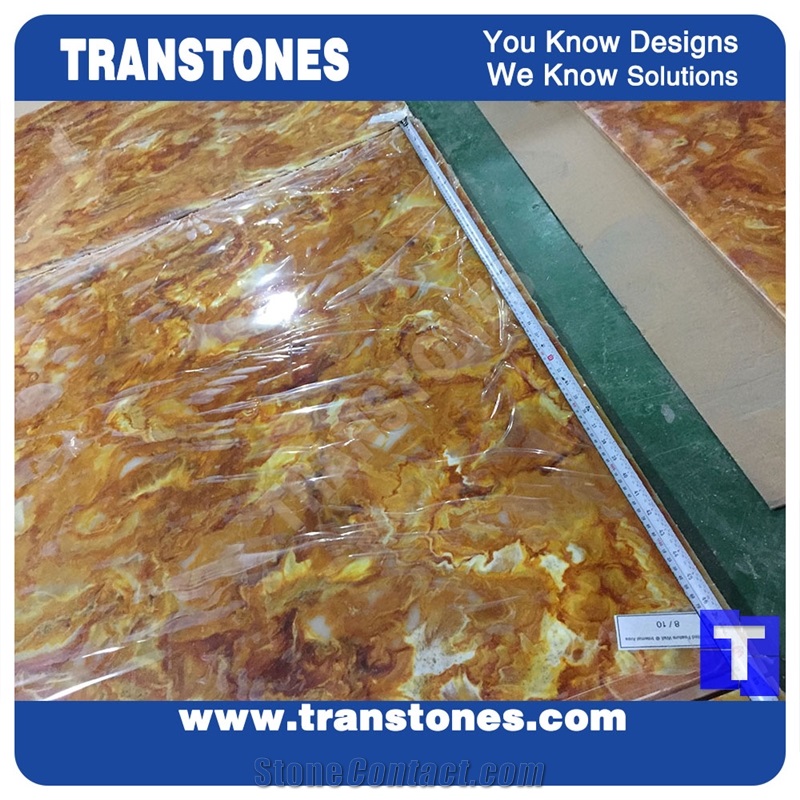 Floor Covering Golden Solid Surface Yellow Acrylic Onyx Slab Tiles Sheet for Wall Cladding,Ceiling,Artificial Marble Slab for Countertops,Interior Furniture Material
