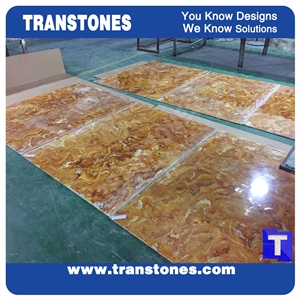 Gold Dragon Faux Onyx Solid Surface Slab Tile for Hotel Floor Covering,Reception Table Desk,Yellow Galss Stones