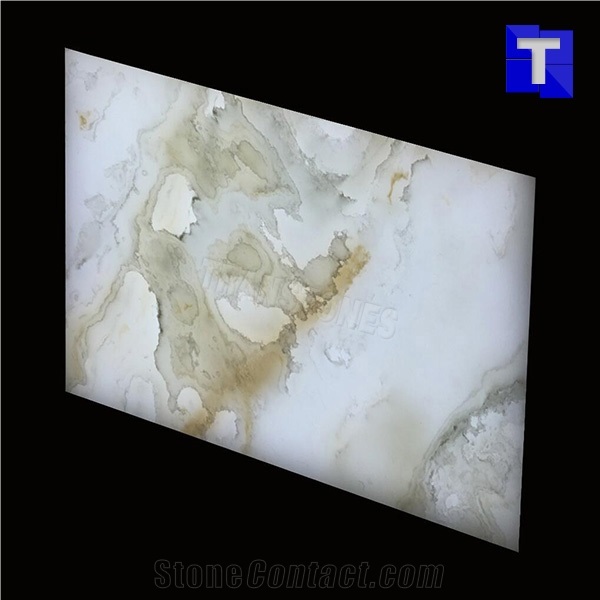 High Glossy White Artificial Marble Bianco Perlino Stone Slabs Panel, Wall Cladding Tiles,Engineered Stone Solid Surface Translucent Backlit Glass Sheet for Kitchen Countertops