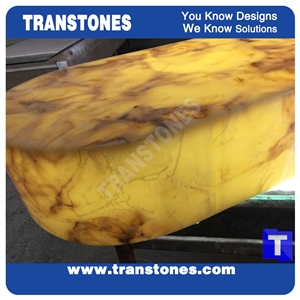 Honed Engineered Glass Stone Solid Surface Yellow Spray Wave Faux Onyx Curved Reception Desk,Interior Tabletop Panel Furniture Stone