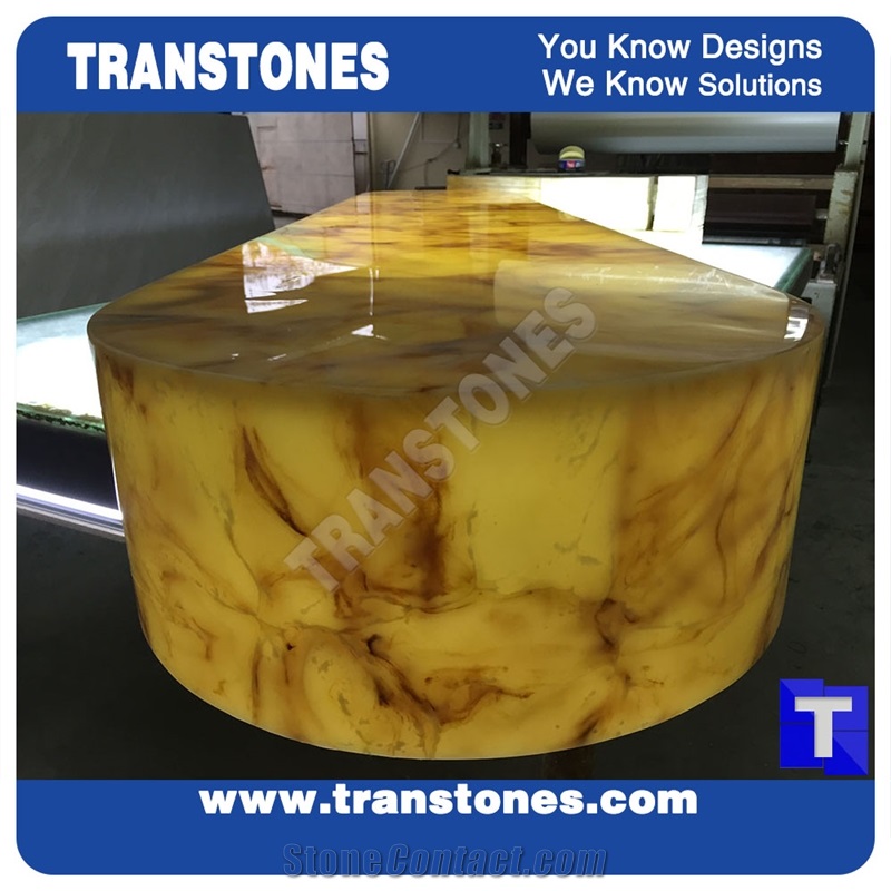 Honed Engineered Glass Stone Solid Surface Yellow Spray Wave Faux Onyx Curved Reception Desk,Interior Tabletop Panel Furniture Stone