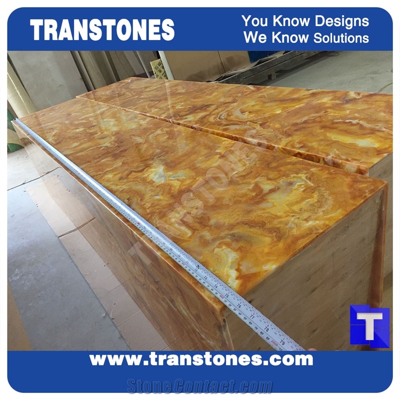 Manufacture Solid Surface Golden Spray Chain Artificial Marble Table Top,Engineered Stone Arobo Dune Yellow Reception Desk,Work Top