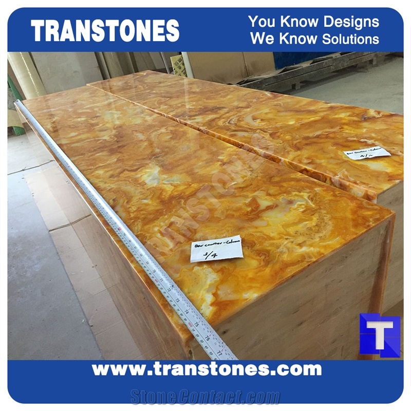 Manufacture Solid Surface Golden Spray Chain Artificial Marble Table Top,Engineered Stone Arobo Dune Yellow Reception Desk,Work Top