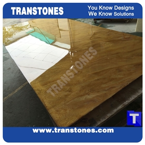Processing Show-Solid Surface Arobo Dune Artificial Marble Slabs,Golden Yellow Chain High Gloss Polished for Office Reception Countertops,Hotel Lobby Decor Interior Glass Resin Stone Manufacture
