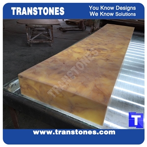 Processing Show-Solid Surface Fossi Arobo Dune Artificial Marble Bar Top,Golden Yellow Chain Reception Countertops High Gloss Polished for Office,Hotel Decor Interior Glass Resin Stone