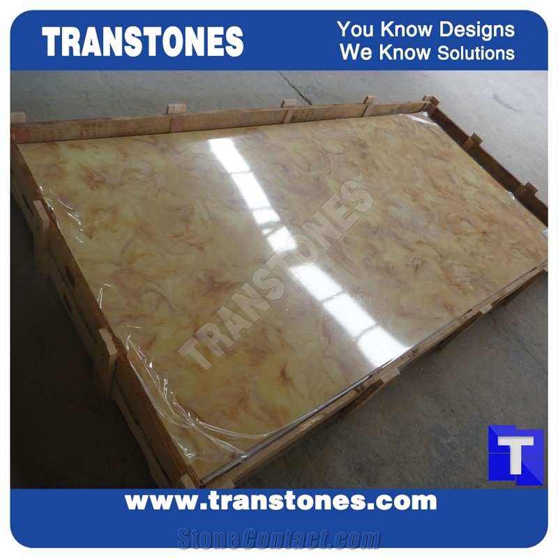 Project Show-Solid Surface Yellow Artficial Arzo Giallo Marble Slabs Tile Panel for Reception Table,Islands Top,Countertops,Engineered Glass Resin Golden Shell Marble Stone