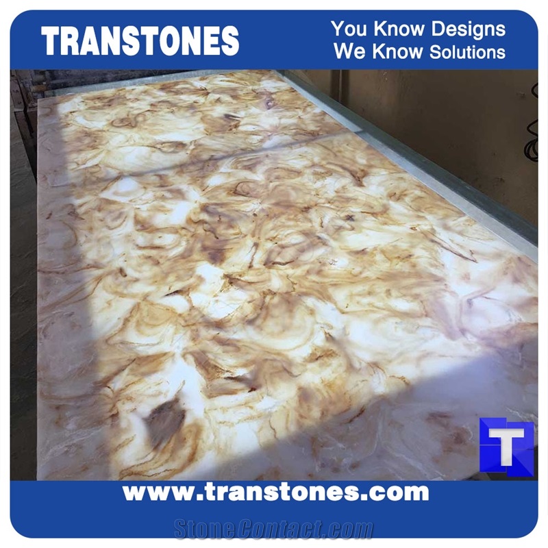 Solid Surface Beige Avalanche Artificial Marble Glass Stone Slabs for Reception Desk,Table Translucent Backlit Panel Wall Cladding