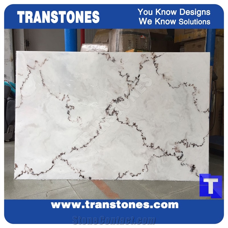Solid Surface Calacatta Carrara White Marble Look Glass Stone Slabs Tile for Wall Panel,Ceiling,Kitchen Bathroom Design Floor Covering Pattern,Engineered Stone