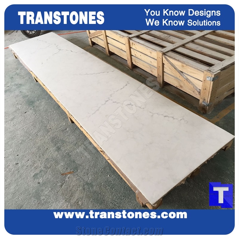 Solid Surface Calacatta Carrara White Marble Look Glass Stone Slabs Tile for Wall Panel,Ceiling,Kitchen Bathroom Design Floor Covering Pattern,Engineered Quartz Stone Sheet
