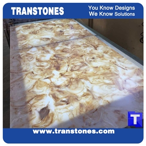 Solid Surface Imperial Rose Yellow Artifical Marble Slabs Honed Wall Panel Tiles for Ceiling,Hotel Reception Table Customized Edges Translucent Backlit Resin Glass Stone