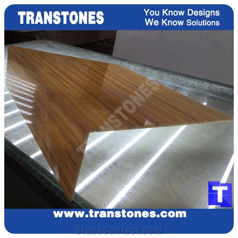Solid Surface Imperial Wooden Vien Faux Marble Slabs,Tile Wall Panel,Engineered Stone Artificial Fossi Yellow Wood Grain Resin Glass Stone Panel for Reception Table Translucent Backlit