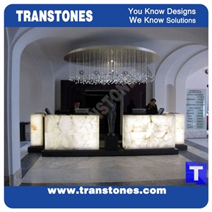 Solid Surface White Backlit Translucent Onyx Alabaster Panel for Club Bar Top,Engineered Stone Reception Desk for Hotel Lobby Project