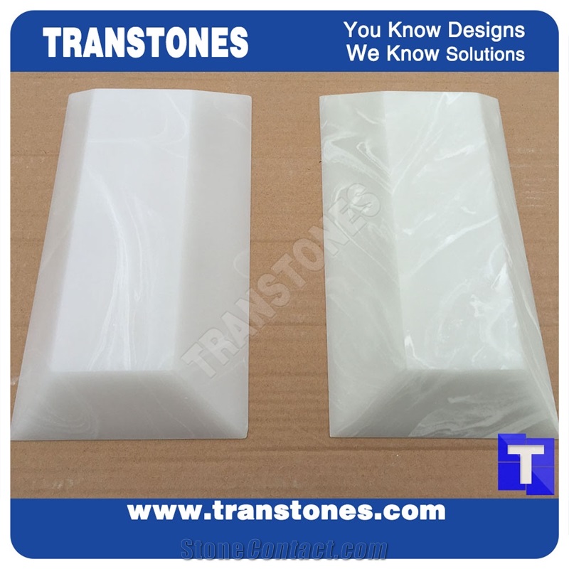 Solid Surface White Marble Artificial Stone Wall Corner Panel, Laminated Glass Shaped Stone Walling Panel Carved