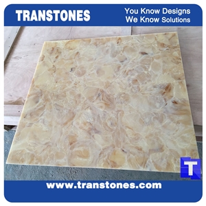 Solid Surface Yellow Golden Shell Artificial Marble Slabs Tile for Wall Panel Floor Covering Paving,Translucent Backlit Crystallized Spray Wave Marble Look Glass Resin Giallo Stone