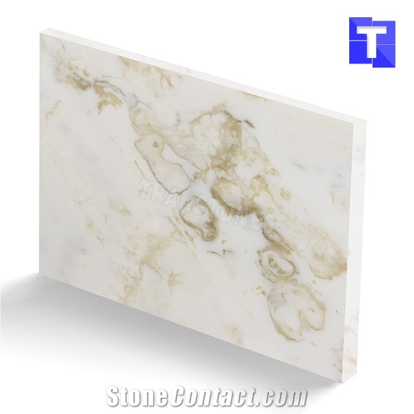 Translucent Backlit Artificial Glass Stone Bianco Calacatta Gold Glass Marble Stone Panel Tile for Reception Desk,Table, Consulting Counter Top,Engineered Stone Solid Surface