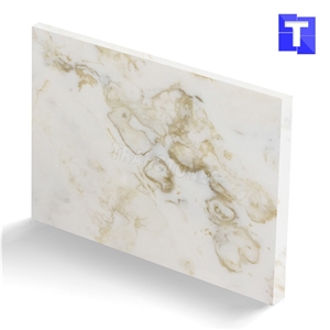 Translucent Backlit Artificial Glass Stone Bianco Calacatta Gold Glass Marble Stone Panel Tile for Reception Desk,Table, Consulting Counter Top,Engineered Stone Solid Surface