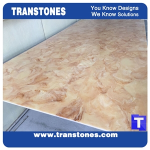 Translucent Backlit Solid Surface Cream Fossi Rose Onyx Panel for Counter Top,Tabletop,Hotel Front Desk Yellow Alabaster