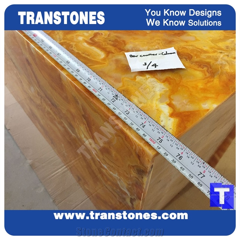 Translucent Engineered Glass Stone Solid Surface Yellow Spray Wave Faux Onyx Rectangle Reception Desk,Interior Tabletop Panel Furniture Laminated Alabaster