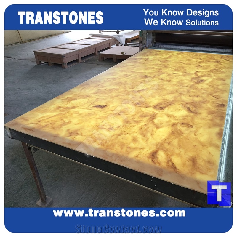 Translucent Yellow Dream Artificial Marble Slabs Tile for Wall Panel Floor Covering Paving,Translucent Backlit Crystallized Spray Wave Marble Look Glass Resin Golden Shell Marble