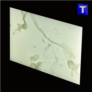 White Artificial Marble Bianco Statuary Carrara Stone Slabs Panel, Wall Cladding Tiles,Engineered Stone Solid Surface Translucent Backlit Glass Sheet for Kitchen Countertops