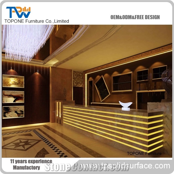 Artificial Marble Stone Led Lighted Hotel Reception Counter Tops Design, Interior Stone Corian Solid Surface Led Lighted Illuminated Hotel Reception Counter Table Tops Design, Interior Stone Furniture