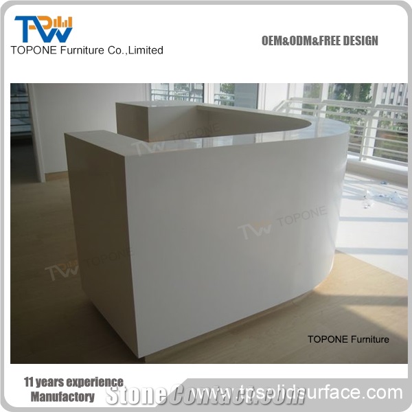 Curved White Artificial Marble Stone Small Office Reception Desk Tops Furniture Design, Interior Stone Acrylic Solid Surface Curved White Small Office Reception Desk Furniture Design