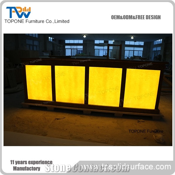 Led Lighted Artificial Marble Stone Hotel Led Reception Desk Tops, Interior Stone Acrylic Solid Surface Led Lighted Illuminated Hotel Front Desk Tops Design, Interior Stone Hotel Furniture for Sale