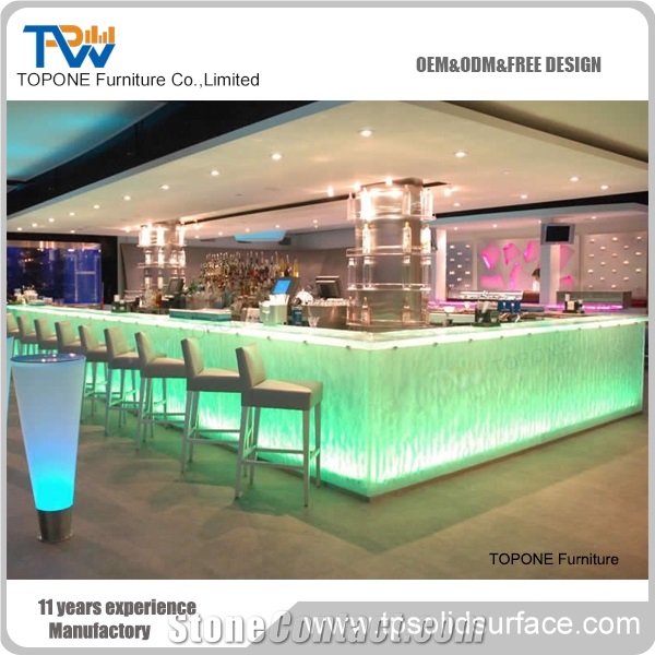 Modern Design Artificial Marble Stone Restaurant Bar Counter with Illuminated Bar Counter Tops, Interior Stone Acrylic Solid Surface Bar Counter with Illuminated Bar Counter Desk Tops, Interior Stone