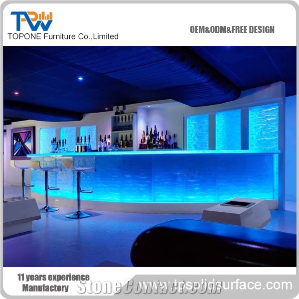Straight Shape China Factory Supply Blue Color Lighted Bar Counter Desk Tops with Acrylic Solid Surface Interior Stone Bar Counter Design, Interior Stone Bar Furniture
