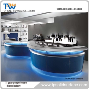 Wave Design Bule Color Led Light Bar Counter with Artificial Marble Stone Bar Table Tops Design, Interior Stone Acrylic Solid Surface Blue Color Bar Table Top for Interior Stone Restaurant Furniture