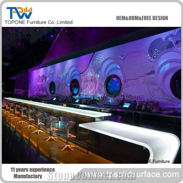 Wave Design Bule Color Led Light Bar Counter with Artificial Marble