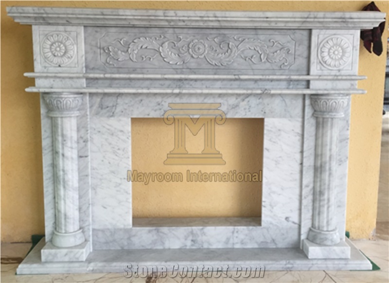 Chinese Bianco Carrara/ Carrara White/ Venato Carrara Marble Fireplace in Western Style with Nice Flower Carving for House Decoration