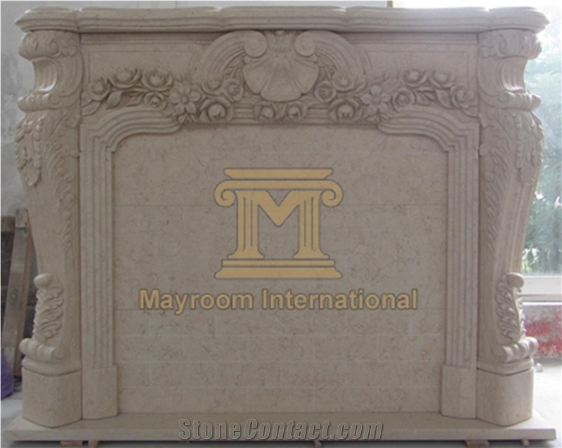 Egyptian Gold Coin Beige Marble Fireplace for Home Decoration with Leather Wall and Flower Carving