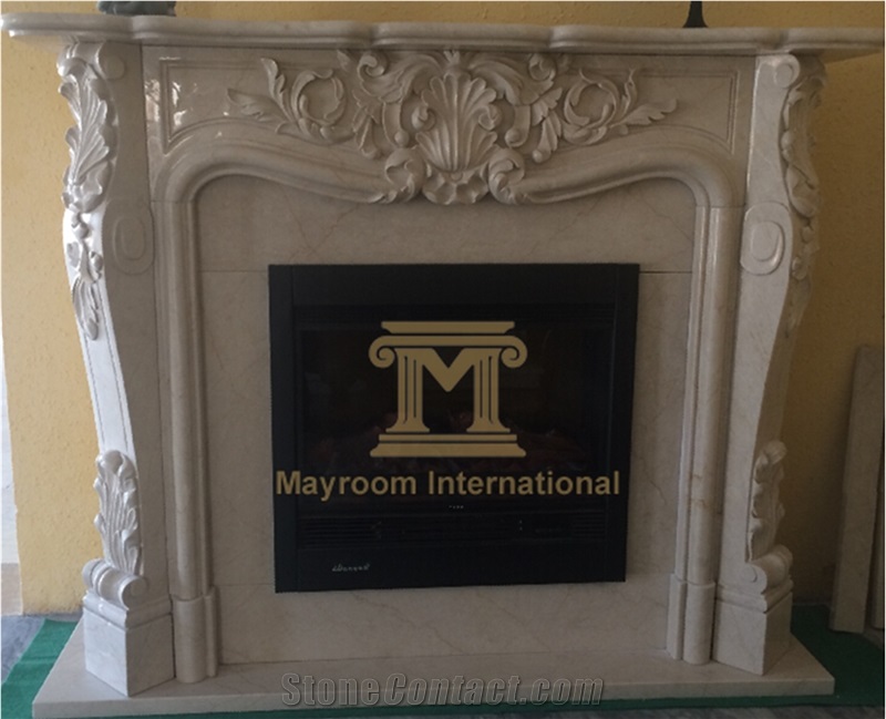 Italian Botticino Classico Marble Fireplace with Good Look Flower Carving for Home Decoration