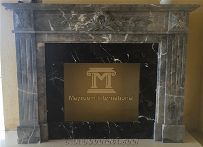 Italian Grey/Gray Emperador Fireplace with Flower Carving and Metal Insert