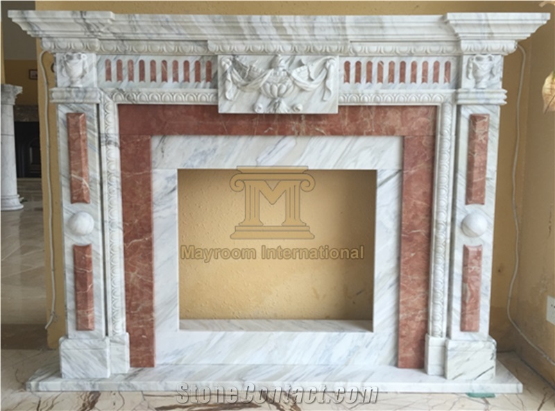 Italian White/Carrara White and Spanish Rojo Alicante Marble Well-Matched Fireplace with Chinese Style for Home Decoration