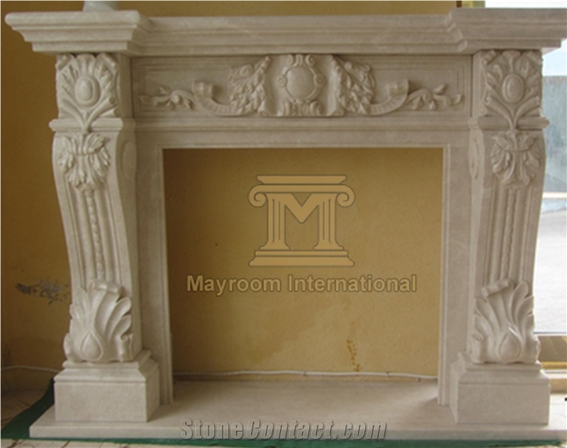 Marble Cream Marfil Fireplace with Nice Flower Carvings for Interior Decoration