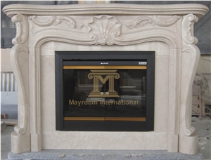 Spanish Marble/ Cream Marfil/ Crema Marfil Marble Fireplace with Flower Carving and Metal Insert