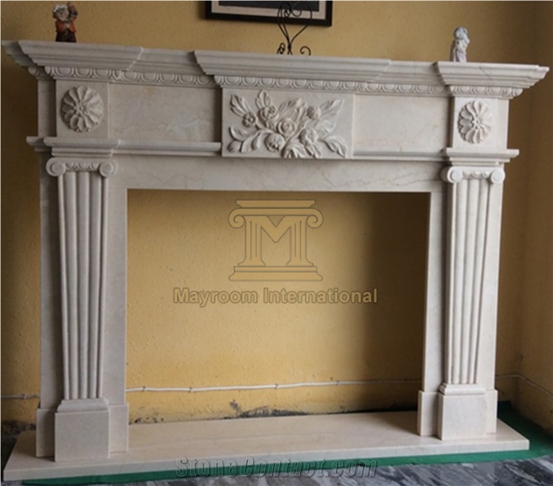 Turkish Marble/ Ottoman Beige Marble Fireplace with Flower Carving for Home Decoration