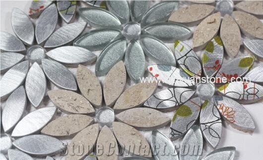 New Arrival Uv Print Flower Pestals Mosaic Tiles Home Decor Metal Mosaic Tile Mixed Marble Mosaic Tile