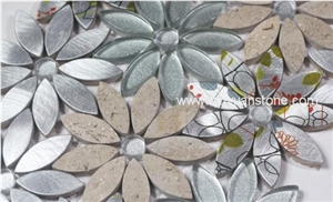 New Arrival Uv Print Flower Pestals Mosaic Tiles Home Decor Metal Mosaic Tile Mixed Marble Mosaic Tile