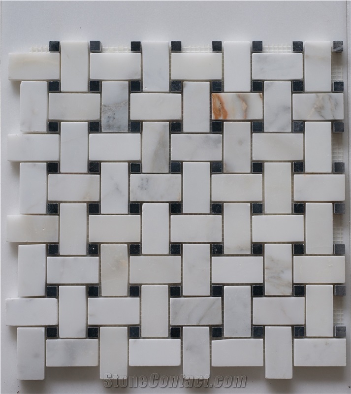 Calacatta Gold /White Marble Polished 1x2 Basketweave with Black Dot Marble Mosaic Tile Interior Stone